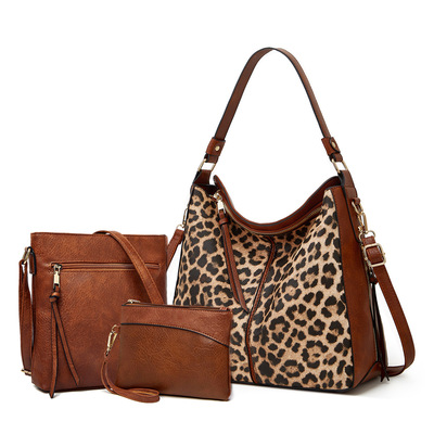 Women leopard print purse designer top handle handbags three piece brown - Thumbnail 3