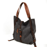 Ladies' Canvas Bag, Large Capacity Ins Backpack Black - Thumbnail 1