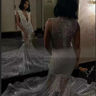 Silver diamond sparkly prom reception dresses luxury crystal see through evening birthday gown robe de soiree femmes 2025 custom