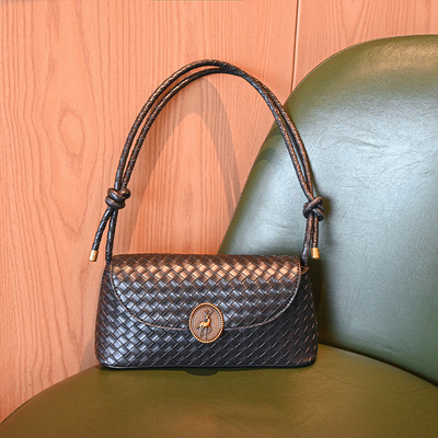 Women's woven shoulder crossbody bag handbag black - Thumbnail 3