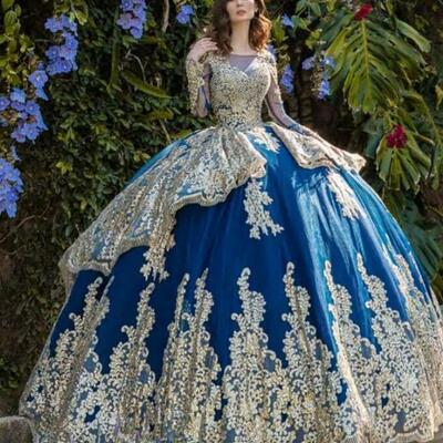 Blue quinceanera dresses long sleeve gold lace appliqued sequined bead mexican sweet 15 gowns puffy skirt vestidos 16 anos - Thumbnail 4