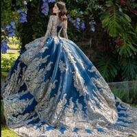 Blue Quinceanera Dresses Long Sleeve Gold Lace Appliqued Sequined Bead Mexican Sweet 15 Gowns Puffy Skirt Vestidos 16 Anos - Thumbnail 1