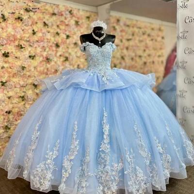 Light sky blue quinceanera dresses off the shoulder lace applique sweet 16 gowns beading corset 15 anos