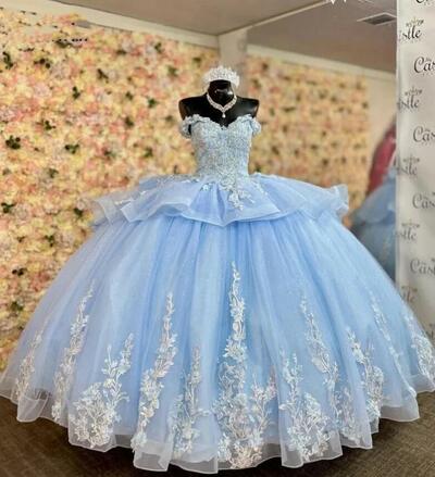 Light Sky Blue Quinceanera Dresses Off The Shoulder Lace Applique Sweet 16 Gowns Beading Corset 15 anos