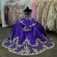 Purple Satin Off The Shoulder Quinceanera Dresses Gold Appliques Ball Gown Sweet Sixteen Prom Party Gowns Ruffels Tulle vestidos - Thumbnail 1