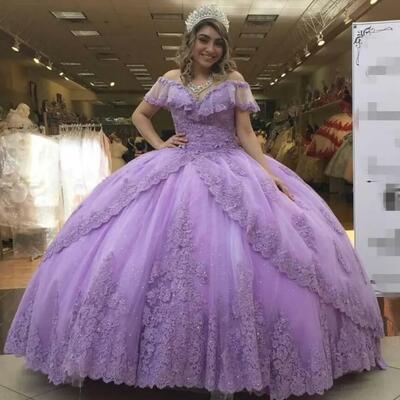 Vestidos de 15 años light purple quinceanera dresses short sleeves v-neck lace beads sequins backless sweet 16 dress ball gown prom - Thumbnail 2