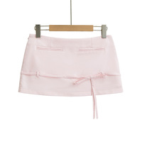 Low Rise Drawstring Bow Tie Mini Skirt with Safety Pants Skirt - Thumbnail 4