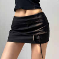 Low Rise Drawstring Bow Tie Mini Skirt with Safety Pants Skirt - Thumbnail 3