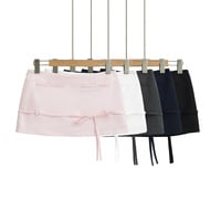 Low Rise Drawstring Bow Tie Mini Skirt with Safety Pants Skirt - Thumbnail 5