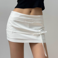 Low Rise Drawstring Bow Tie Mini Skirt with Safety Pants Skirt - Thumbnail 1