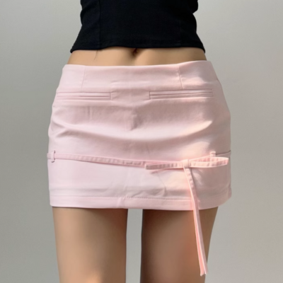 Low rise drawstring bow tie mini skirt with safety pants skirt