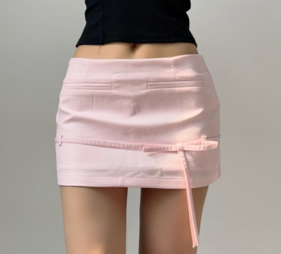 Low Rise Drawstring Bow Tie Mini Skirt with Safety Pants Skirt