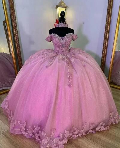 Vestidos De 15 Anos Pink Quinceanera Dresses Lace Applique Beaded Crystals Princess Sweet 16 Dress Prom Gowns Lace-Up
