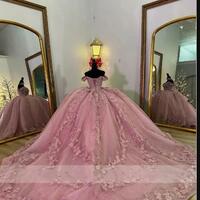 Vestidos De 15 Anos Pink Quinceanera Dresses Lace Applique Beaded Crystals Princess Sweet 16 Dress Prom Gowns Lace-Up - Thumbnail 4