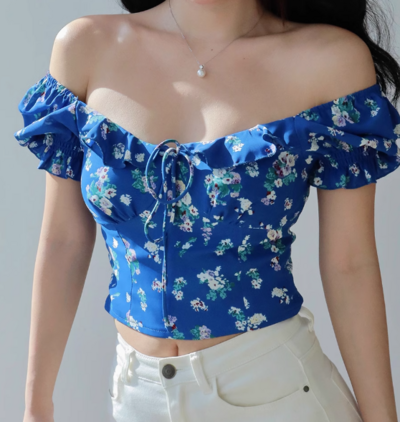 Casual square neck collarbone exposed puff sleeves super short shirt