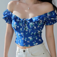 Casual square neck collarbone exposed puff sleeves super short shirt - Thumbnail 1