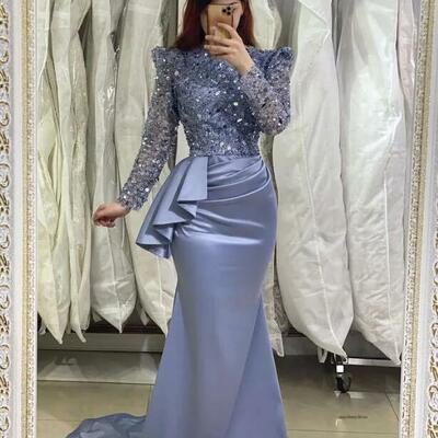 Blue mermaid muslim evening dresses elegant jewel neck sequins long sleeves turkish kaftan dress pleats waist satin special ocn formal dresses - Thumbnail 2