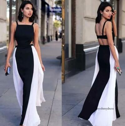 Black And White Prom Spaghetti Sleeveless Backless Chiffon Floor Length Evening Dress Maxi Beach Party Wear Bridesmaid Dresses 