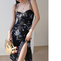 Retro floral print high waist sexy side slit hem suspender dress - Thumbnail 3