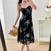 Retro floral print high waist sexy side slit hem suspender dress - Thumbnail 4