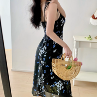 Retro floral print high waist sexy side slit hem suspender dress - Thumbnail 5