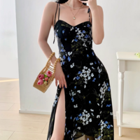 Retro floral print high waist sexy side slit hem suspender dress - Thumbnail 6