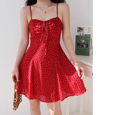 Chest pleated drawstring holiday long skirt floral suspender dress