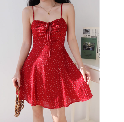 Chest pleated drawstring holiday long skirt floral suspender dress