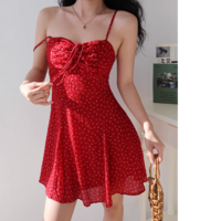 Chest pleated drawstring holiday long skirt floral suspender dress - Thumbnail 3