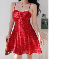 Chest pleated drawstring holiday long skirt floral suspender dress - Thumbnail 4