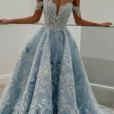 Luxury ball gown blue lace appliques wedding dress bridal gown wedding gown