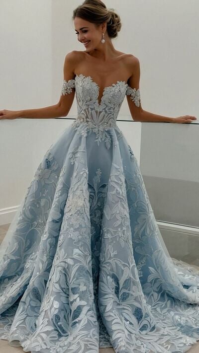 Luxury Ball Gown Blue Lace Appliques Wedding Dress Bridal Gown Wedding Gown