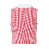 Red Plaid Lace Square Neck Single Breasted Top - Thumbnail 3