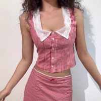 Red Plaid Lace Square Neck Single Breasted Top - Thumbnail 4