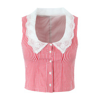 Red Plaid Lace Square Neck Single Breasted Top - Thumbnail 5