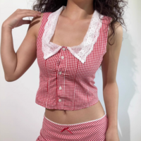 Red Plaid Lace Square Neck Single Breasted Top - Thumbnail 2