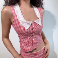 Red Plaid Lace Square Neck Single Breasted Top - Thumbnail 1