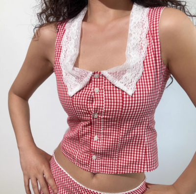 Red Plaid Lace Square Neck Single Breasted Top