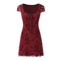 Tie-up Square Neck Sexy Slim Short Dress Sweet Floral Flocking Hip Mini Skirt - Thumbnail 6