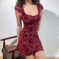 Tie-up Square Neck Sexy Slim Short Dress Sweet Floral Flocking Hip Mini Skirt - Thumbnail 2