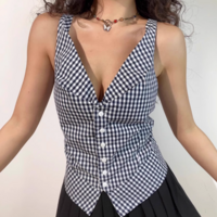 Plaid V-neck single-breasted slim fit simple casual top vest - Thumbnail 3