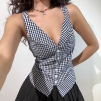 Plaid V-neck single-breasted slim fit simple casual top vest - Thumbnail 8