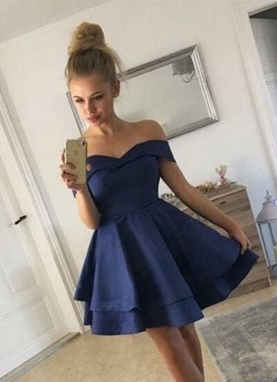 Cute Off the Shoulder Navy Blue Short Prom Dresses,1078