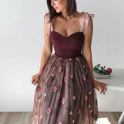 A line straps tea length tulle prom dresses,1079