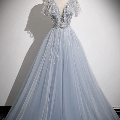 Blue tulle sequins long prom dresses, a-line evening dresses 