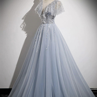Blue Tulle Sequins Long Prom Dresses, A-Line Evening Dresses  - Thumbnail 1