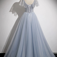 Blue Tulle Sequins Long Prom Dresses, A-Line Evening Dresses  - Thumbnail 2