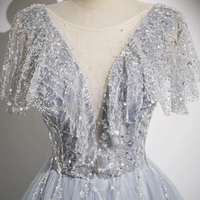 Blue Tulle Sequins Long Prom Dresses, A-Line Evening Dresses  - Thumbnail 3