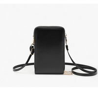 Female Retro Diagonal Cross Phone Bag Three layer Zipper Bag Small Bag Black - Thumbnail 1