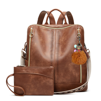 Women's double zipper backpack student backpack brown - Thumbnail 5